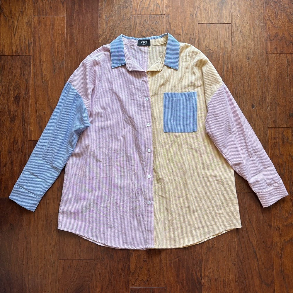 Vici Oversized Patchwork Pinstripe Button Down | … - image 7